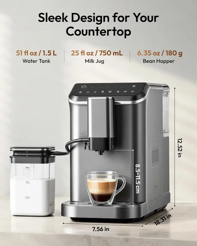 Miniatura 2 de EUHOMY Máquina de café espresso totalmente automática, cafetera de 20 barras con molinillo y espumador de leche integrado, máquina de café