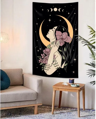 Riyidecor Tapiz vertical de mujer misteriosa de fase lunar, bohemio, pequeño, gótico, para colgar en la pared, plantas florales, hojas estrelladas,