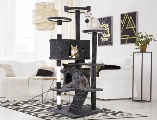 Árbol para gatos de varios niveles de 54 pulgadas de alto, muebles con 3 postes rascadores, 3 plataformas de soporte, 2 condominios, torre con Gris