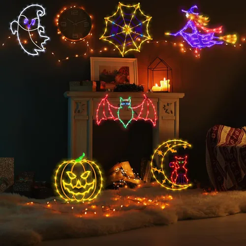 Miniatura 6 de Decoraciones de Luces de Siluetas para Ventana de Halloween de 16" - Paquete de 6 Colores Iluminados Gato en Luna y Fantasma y Telaraña y Calabaza