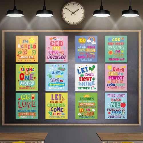 Miniatura 9 de Cinrobiye 12 carteles con versículo bíblico para niños, arte de pared cristiano inspirador con citas de las Escrituras, decoración religiosa