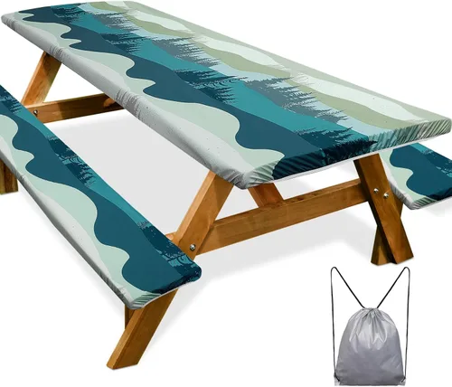 Miniatura 12 de Funda de mesa de picnic con fundas para bancos Esenciales de camping Mantel de picnic impermeable y a prueba de viento con bolsa de cordón, funda