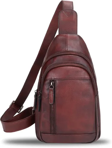 Miniatura 2 de IVTG Bolso bandolera de cuero genuino para mujeres y hombres, bolso cruzado de cuero, bolso de hombro para el pecho, mochila, Café, Mochilas Sling