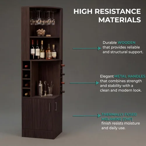 Miniatura 4 de Tuhome Syrah - Armario esquinero con dos estantes externos, estante para copas, ocho cubículos, diseño moderno para sala de estar o bar en casa