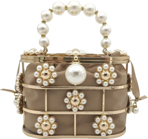 Miniatura 14 de Boutique De FGG Elegant Evening Handbag with Pearl Rhinestone Bucket Bag Crystal Clutch Purses for Wedding Party Small Tote