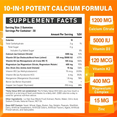 Miniatura 2 de Calcio 1200 mg con suplemento de vitamina D3 para adultos – Gomitas de calcio con 5000iu Vitamina D3, K2, B6, B12, magnesio y zinc – Suplemento