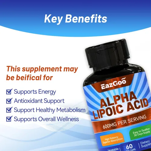 Miniatura 4 de Paquete de 2 suplementos de ácido alfa lipoico, ácido alfa lipoico 600 mg por porción, vegano, sin gluten, suplemento de ALA sin OMG, 120 cápsulas