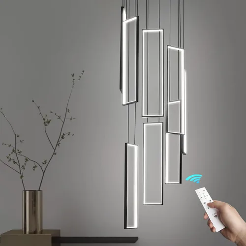 Miniatura 9 de Lámpara Colgante Moderna de Altura Ajustable Luminaria Negra 252W LED Luces Colgantes 12 Anillos Candelabro Rectangular Escalera Candelabro Grande