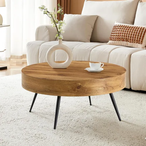 Miniatura 8 de LKTART Mesa de centro para sala de estar, mesas de centro redondas de madera con almacenamiento, mesa de té moderna de centro de metal para Marrón