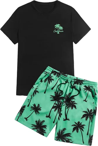 Miniatura 86 de GORGLITTER Conjunto de 2 piezas de camiseta gráfica de manga corta para hombre, estampado hawaiano con cordón y pantalones cortos