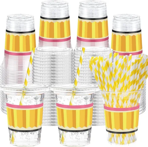 Miniatura 28 de Sliner 50 juegos de vasos de plástico a cuadros de 16 onzas con tapas y pajitas de papel, vasos desechables transparentes para fiesta de autos