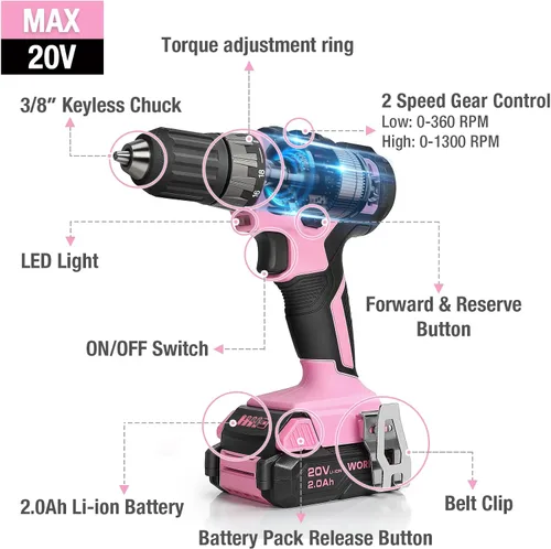 Miniatura 3 de WORKPRO Juego de taladro inalámbrico rosa de 20 V, portabrocas sin llave de 3/8 pulgadas, batería de iones de litio de 2.0 Ah, cargador rápido de 1