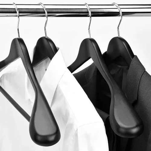 Miniatura 2 de JS Hanger Perchas de madera para trajes, paquete de 6 perchas de madera extra anchas con barra antideslizante para pantalones, acabado negro extra
