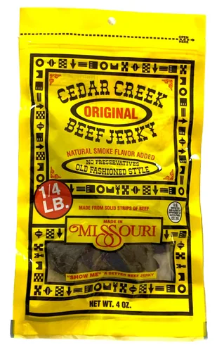 Cedar Creek Beef Jerky, Secado al aire en rodajas finas, paquete de 4 onzas, sin conservantes artificiales, carne de res alimentada con pasto y con