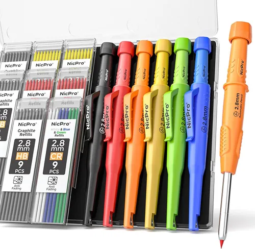 Miniatura 9 de Nicpro Paquete de 2 lápices de carpintero con sacapuntas, lápices de carpintero mecánicos CP3000 con 38 repuestos, lápiz de construcción resistente
