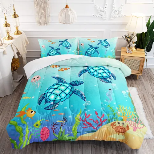 Miniatura 24 de Juego de edredón de tortuga con aguada oceánica, juego de ropa de cama de tortuga para cama individual, juego de cama con peces tropicales y vida