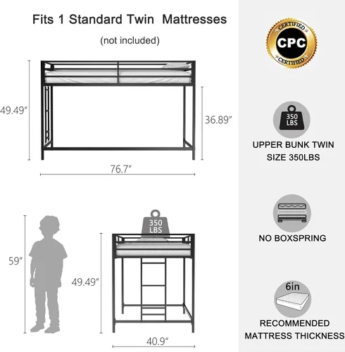 Miniatura 2 de Cama baja de tamaño individual para niños, cama alta para niños, tamaño individual, marco de cama de metal para niños y niñas, cama baja junior