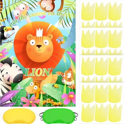 Gueevin Pin The Crown on The Lion Game Suministros para fiesta de cumpleaños, juegos de fiesta para niños y niñas para temática de selva para