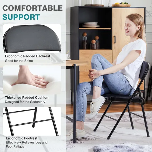 Miniatura 4 de DUMOS Paquete de 4 sillas plegables acolchadas de cuero, asiento comercial apilable portátil para interiores y exteriores, con marco de acero, Negro