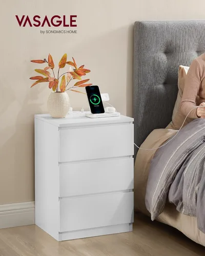 Miniatura 2 de VASAGLE Mesita de noche con estación de carga, 2 salidas de CA y 2 puertos USB, mesita de noche, mesa auxiliar con 3 cajones, estilo moderno, 13.8 x