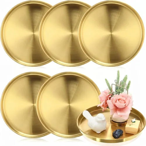 Thenshop 6 bandejas doradas de 12 pulgadas, platos decorativos redondos de acero inoxidable, organizador de maquillaje de joyas, plato reutilizable