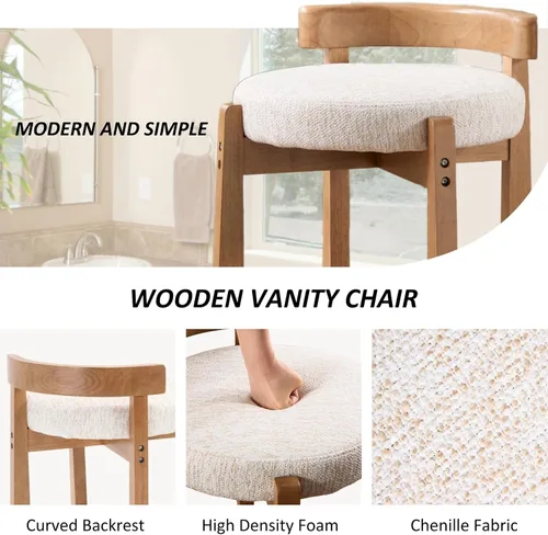 Miniatura 4 de HEAH-YO Silla de tocador de madera con respaldo, reposapiés otomano pequeño tapizado de felpilla, silla de maquillaje moderna de mediados de siglo