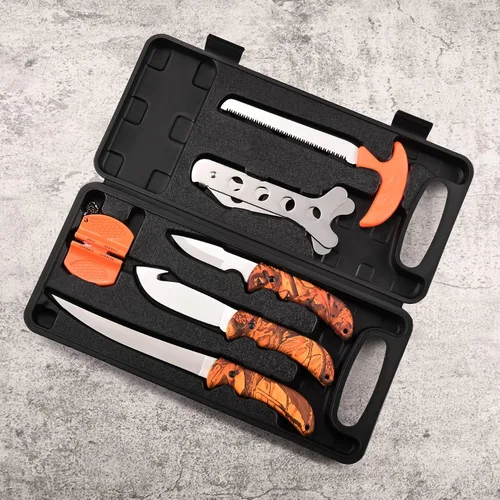 Miniatura 6 de KNINE OUTDOORS Juego de Cuchillos para Caza de Venado Kit de Preparación en Campo Juego de Procesador de Caza Portátil Mango de Camuflaje Arce Rojo