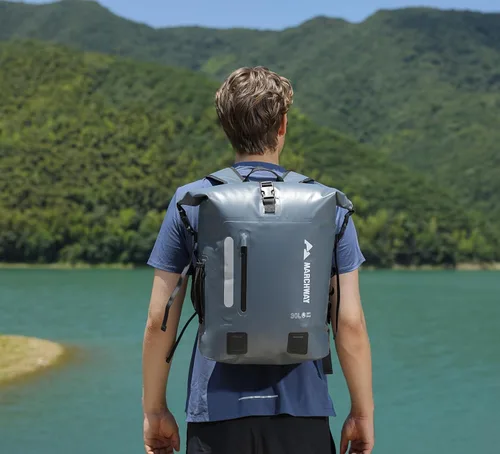 Miniatura 8 de MARCHWAY Mochila impermeable con parte superior enrollable, bolsa seca flotante de 20L/30L/45L con base rectangular ergonómica, espalda acolchada