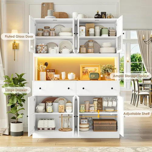 Miniatura 5 de FINETONES Armario de despensa de 71 pulgadas con luz LED y estación de carga, armario de despensa de cocina de granja con soporte para microondas