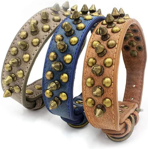 Miniatura 5 de Spike - Collar de perro con remaches con tachuelas vintage de bronce para cachorros, perros pequeños, medianos y grandes, azul, XS