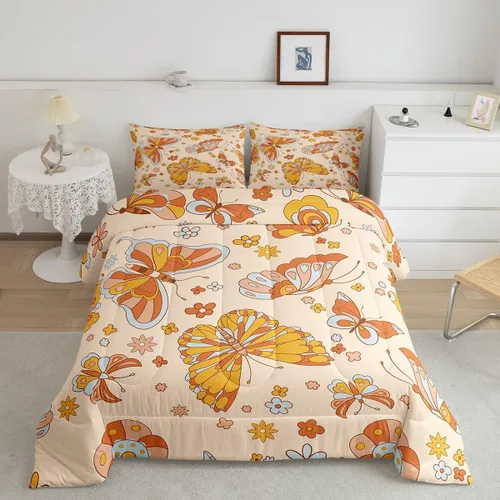 Miniatura 14 de Juego de ropa de cama con estampado floral bohemio, tamaño individual, diseño retro de flores groovy, 60S y 70S, juego de edredón de flores hippie