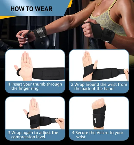 Miniatura 7 de Paquete de 2 muñequeras de levantamiento de pesas, muñequeras de neopreno grueso y duradero para levantamiento de pesas, entrenamientos de gimnasio