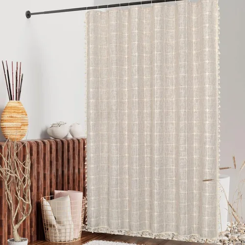 Miniatura 2 de MitoVilla Juego de cortinas de ducha estilo bohemio, modernas cortinas de ducha bohemias para decoración de baño, cortina de ducha de tela de lino