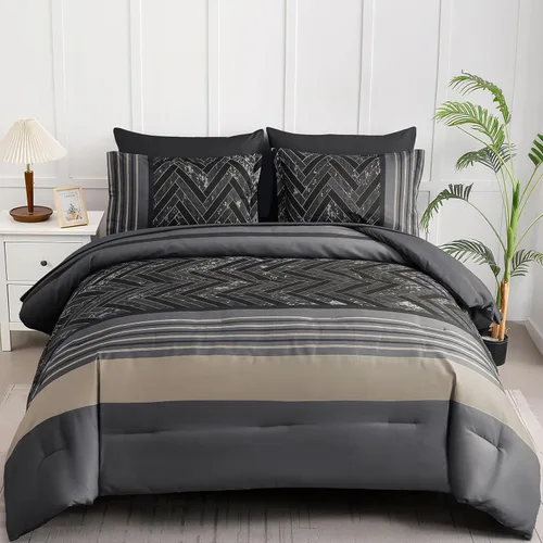 Miniatura 15 de Luxudecor Juego de Edredón Negro Tamaño King, 7 Piezas Cama en una Bolsa de Rayas Geométricas, Juego de Edredón Geométrico y Sábanas, Juego Completo