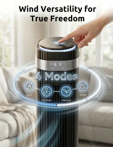Miniatura 8 de Ventilador de torre para dormitorio, ventilador oscilante sin aspas con control remoto, 5 velocidades, 4 modos, ventilador silencioso de 28 dB, alta