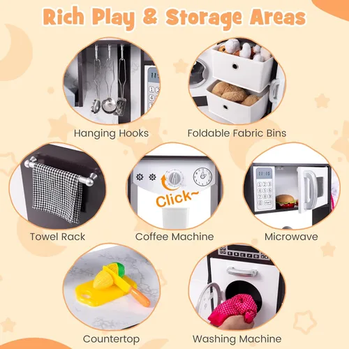 Miniatura 4 de Costzon Cocina de juego de esquina, juego de cocina de madera para niños pequeños con luces y sonidos, sistema de circulación de agua, lavadora