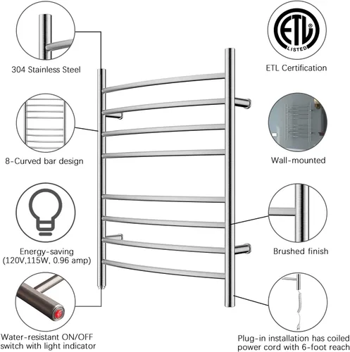 Miniatura 3 de HEATGENE Calentador de toallas de 8 bares, calentador de toallas de baño curvo, calentador de toallas para baño, estante de secado enchufable