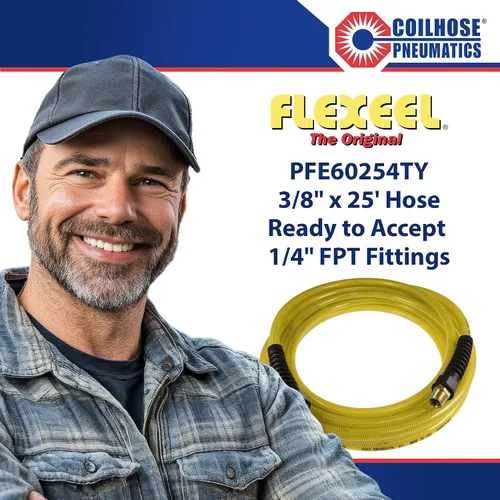 Miniatura 4 de Coilhose Pneumatics PFE60254TY Flexeel Manguera de aire de poliuretano reforzado, 3/8" diámetro interior, 25' de longitud con (2) accesorios