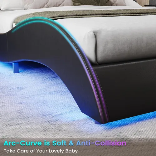 Miniatura 8 de DICTAC Base de cama King con puertos de carga y cabecero, base de cama de plataforma tamaño King con luces LED onduladas como curvas, soporte