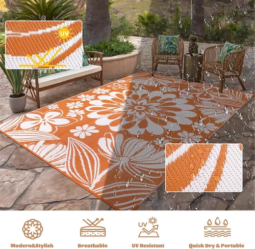 Miniatura 4 de Ileading Alfombra de Paja de Plástico para Exteriores 5x8 pies Estilo Floral Divertido Alfombras de Área Reversibles para Patio Impermeables