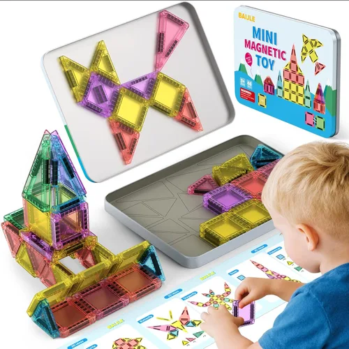Miniatura 4 de BAIJLE 140 piezas Mini Azulejos Magnéticos, Juego de Juguetes Magnéticos Portátiles de Viaje con Estuche de Hierro para Niños de 4 a 8 años, Juego