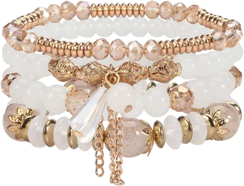 Miniatura 8 de Twinfree Pulseras bohemias para mujer, pulsera elástica de cuentas de colores multicapa con dije de joyería