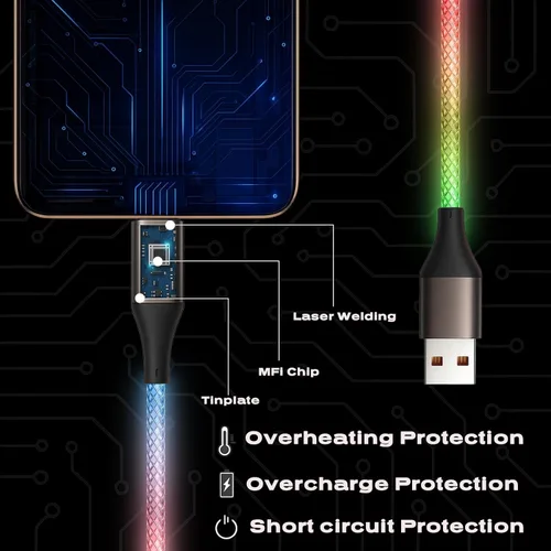 Miniatura 5 de Cable de carga para iPhone, cables Lightning LED que cambian de color, certificado Apple MFi, cable de carga rápida USB para Apple iPhone 13, 12, 11