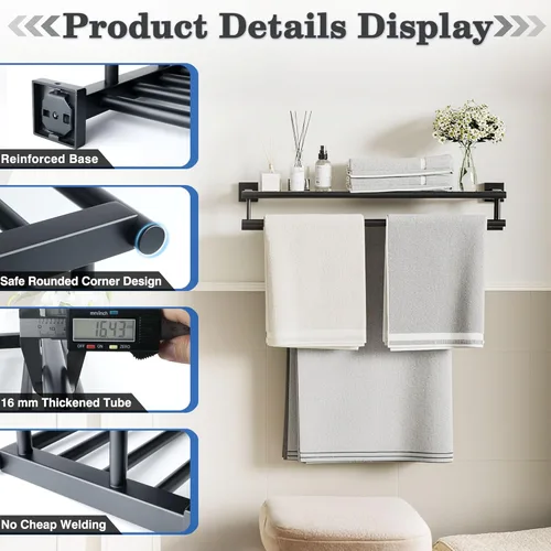 Miniatura 8 de Alise - Toallero de baño con dos barras para toallas y estante, para colgar en la pared, acero inoxidable, SUS 304 Negro mate