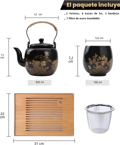 Miniatura 5 de Dujust Juego de Té Japonés, Juego de Té de Porcelana Negra con 1 Tetera, 6 Tazas de Té, 1 Bandeja de Té, 1 Infusor de Acero Inoxidable, Hermosos