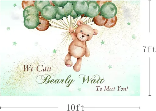 Miniatura 3 de MEHOFOND Telón de fondo de baby shower con texto en inglés "We Can Bearly Wait to Meet You" de 7 x 5 pies, globos azules y marrones, purpurina