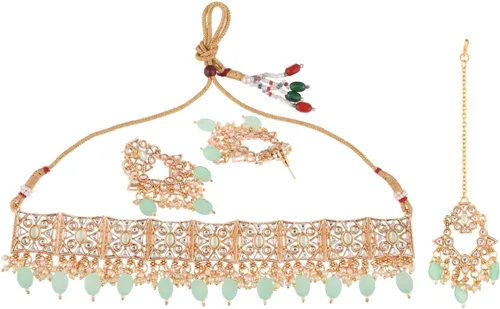 Miniatura 6 de Efulgenz Antique Gold Tone Choker Necklace Maangtikka and Earrings Set Indian Jewelry Sets for Women Indian Bridal Sets Ethnic Faux Kundan Crystal