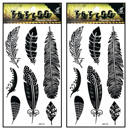 Tatuajes 2 hojas de plumas negras de fantasía temporales tatuajes adhesivos falsos cuerpo brazo pecho hombro tatuajes para adolescentes, hombres y