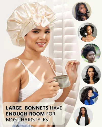 Miniatura 6 de Gorro de satén de seda para dormir, gorros reversibles para cabello rizado, gorro de noche de doble capa con banda de corbata (champán + rosa)