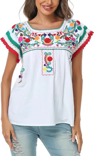 Miniatura 5 de YZXDORWJ Blusa tradicional colorida con encaje bordado mexicano para mujer, camiseta tricolor para el día de la independencia mexicana